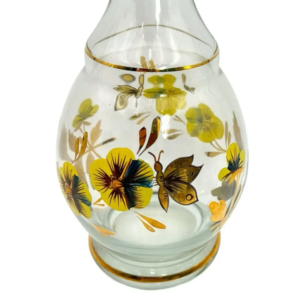Vtg Romanian Hand Painted Crystal Floral Decanter & 5 Stemmed Glasses Yellow EUC